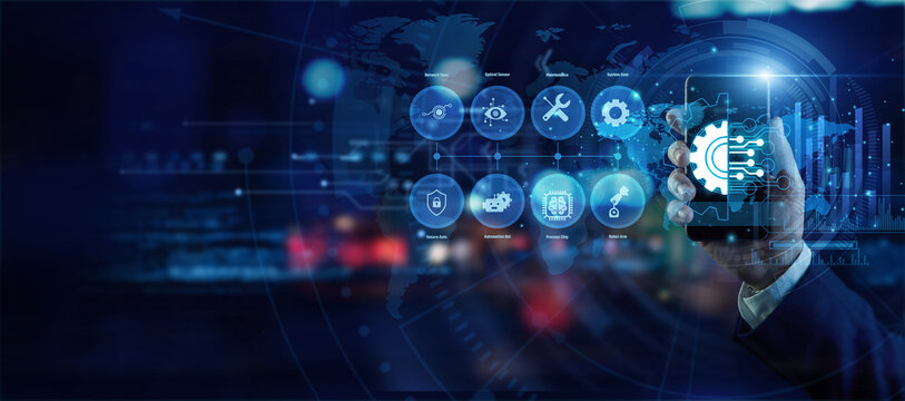 Industrial specialist holding a mobile phone analyzing global Automation data on a holographic world map. Futuristic technology, secure network connections, and advanced data visualization.