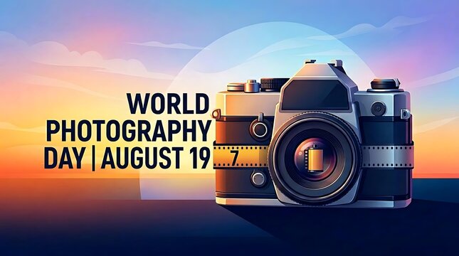 Vintage camera with film strip celebrating world photography day against colorful sunset sky background