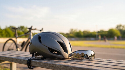 Fototapeta premium Gray cycling helmet and sport sunglasses resting on a wooden park bench with a bicycle in the background, warm evening light and active outdoor mood