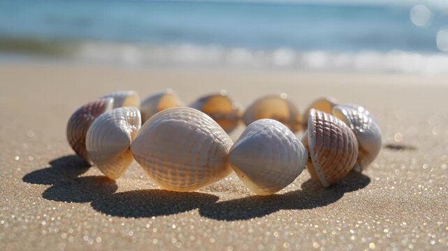 shell bracelet beach sand summer jewelry seashell coastal accessory vacation close detail on warm shoreline suggesting handmade souvenir boho fashion travel retail and seaside lifestyle branding