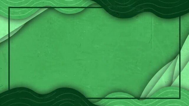 Green layered abstract geometric design with wavy accents and a frame