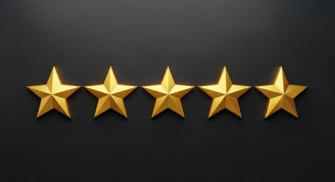 A set of five golden stars arranged horizontally against a dark matte surface, representing high quality, premium service, and excellence, luxury, business, sparkle