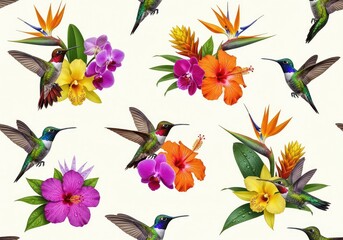 Fototapeta premium A high resolution seamless pattern featuring vibrant hummingbirds hovering near exotic tropical flowers on a clean and elegant background, painting, luxury, elegant