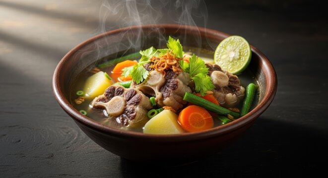 Bowl of flavorful oxtail soup with fresh vegetables, potatoes, and lime on dark table. Delicious homemade meal.