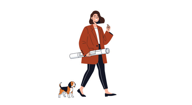 Woman walking her beagle dog in the city.
