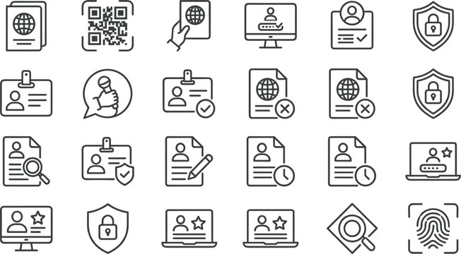 Personal Identification and Digital Cyber Security Icon Set Featuring Passport Verification, Biometric Fingerprint Scanners, QR Codes, and Shield Protection Symbols