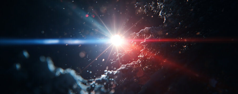 Cinematic backlight flare shining through bauble, snow particles visible in beam 32k