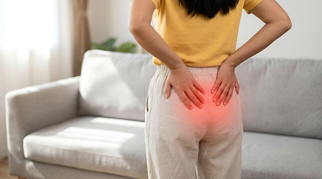 Young Woman Suffering from Severe Lower Back and Hip Pain at Home in Living Room