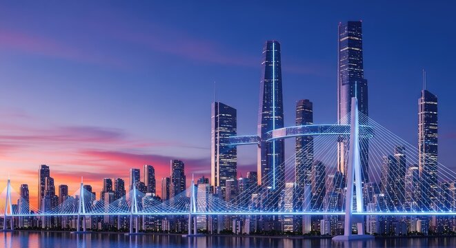 A sprawling futuristic skyline features towering glass skyscrapers interconnected by suspended glowing bridges under a vibrant neon twilight, skyscrapers, innovation, digital