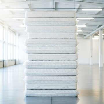 A tall stack of plush white mattresses stands ready for transport in a clean warehouse, highlighting comfort and modern home delivery service, mattress, wholesale, sleep