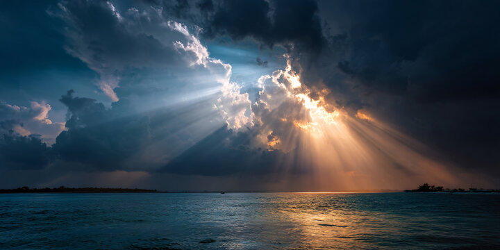 Sun Breaking Through Dark Clouds with Light Rays on Water