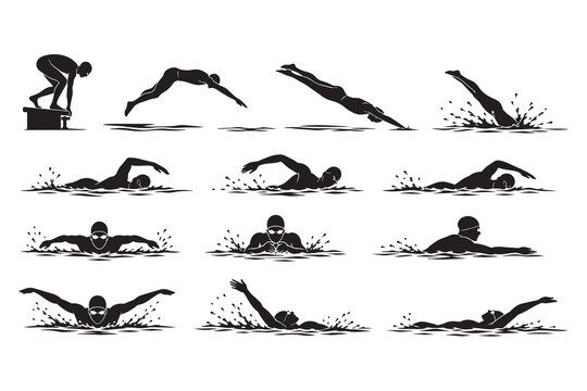 Set of silhouettes showing people swimming and diving in water