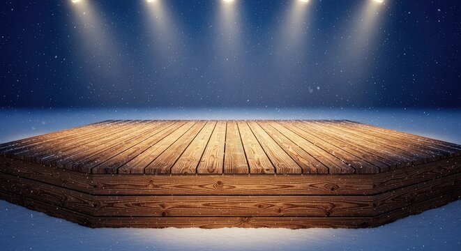 An empty outdoor wooden stage sits under a dark blue night sky filled with falling snow, softly lit by glowing spotlights and moonlight, shadows, platform, freezing