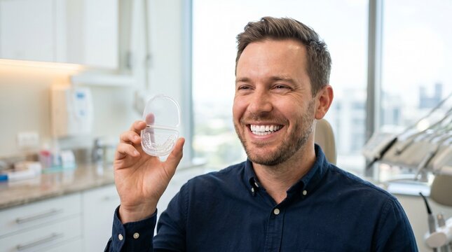 Man after braces removal, Clear retainer case, Straight teeth smile, Orthodontic success portrait, Clean dental clinic