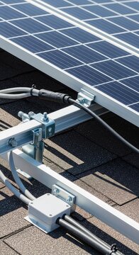 Close up of solar panel installation on a rooftop with focus on mounting hardware and electrical components for renewable energy power, cells, generation, blue