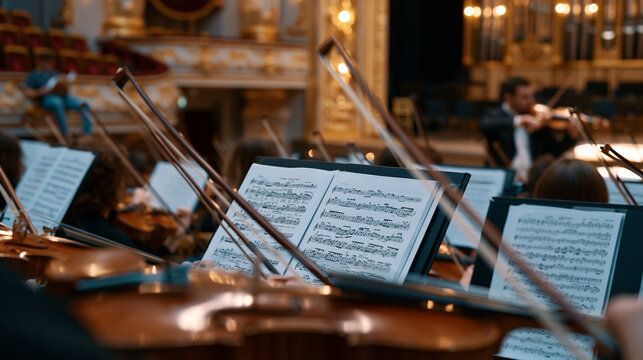 Symphony orchestra warming up in empty concert hall before evening performance, stands covered in sheet music, first violinist adjusting instrument near ornate stage proscenium, early arrival patron