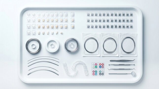 Orthodontic treatment tools flat lay, Ceramic and metal brackets, Clear aligner sample, Archwire dental equipment, Clean clinic background