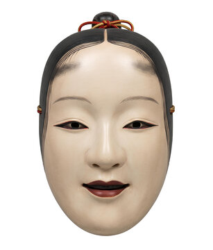 日本の伝統的な能面（小面）のクローズアップイラスト（白背景） / Close-up Illustration of a Traditional Japanese Noh Mask (Koomote) on White Background