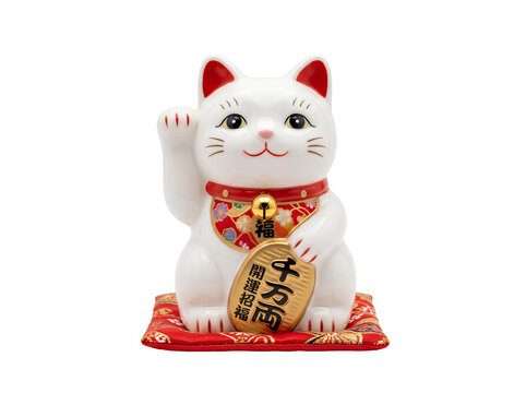 千両箱の小判を持った白い招き猫の置物（白背景） / White Maneki-Neko (Welcoming Cat) Figurine Holding a Gold Coin on White Background