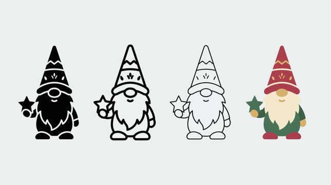a "Cute gnome with hat line drawing for coloring" vector illustration.