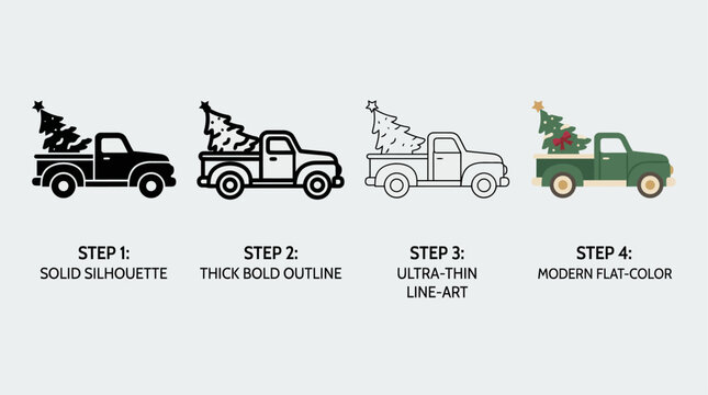 a vintage pickup truck carrying a Christmas tree.
