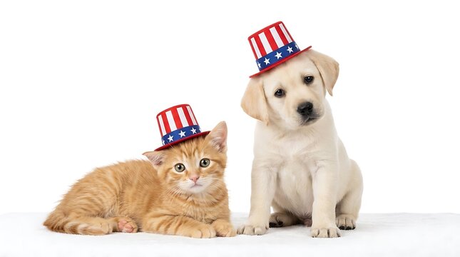 Cute kitten and puppy wearing patriotic hats isolated on white background