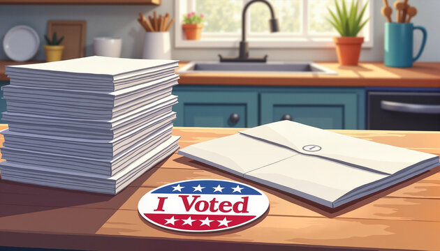 stacks of ballots and an envelope alongside an "I Voted" sticker on a kitchen counter with a sunny window backdrop, concept civic engagement and participation
