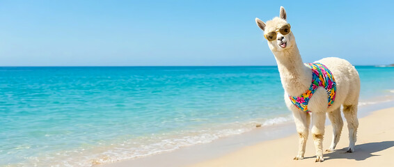 Obraz premium Funny white llama wearing floral harness and sunglasses standing on a sunny tropical beach