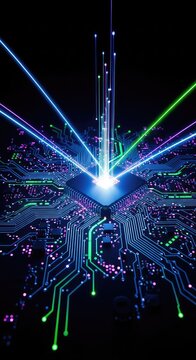 Glowing streams of light move across a complex digital circuit board, representing information transfer and high-tech connectivity nodes, logic, smart, stream
