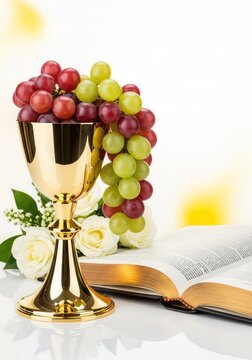 Golden chalice with fresh grapes, an open bible, and white flowers arranged on a bright blurred background with ample space for custom text, copy space, liturgy, background