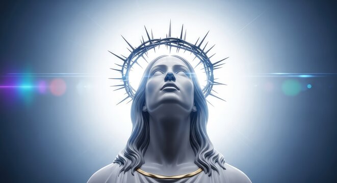 Majestic divine presence gazes heavenward wearing a crown of sharp thorns, bathed in ethereal light reflecting spiritual grace and peace, suffering, deity, salvation