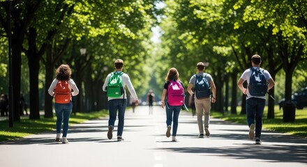 Obraz premium Vivid sunlight illuminates several backpacks and sneakers moving along a paved path lined with lush green trees and flickering shadows, pavement, greenery, sunshine