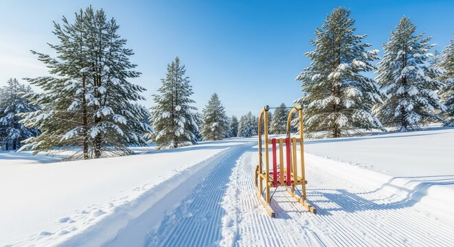 Vibrante paisaje invernal con trineos de madera sobre nieve virgen, huellas marcadas en el camino y pinos nevados bajo un cielo despejado, suave, estacional, trineo