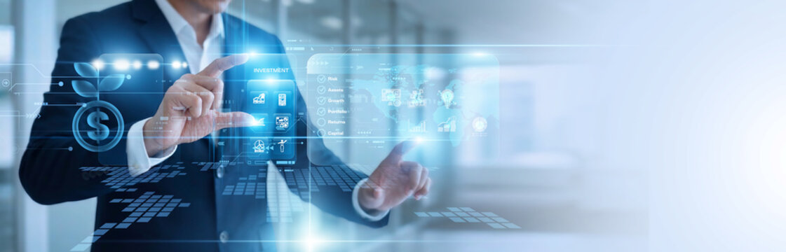 Venture capitalist hands touch virtual screen evaluating Investment portfolios. Global network systems analyze asset allocations to maximize client capital growth. Secure wealth analytics.