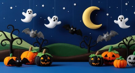 Fototapeta premium Spooky felt craft landscape with plush pumpkins bats and ghosts featuring hand sewn details and soft textures in a wide festive panorama, halloween, holiday, stuffed
