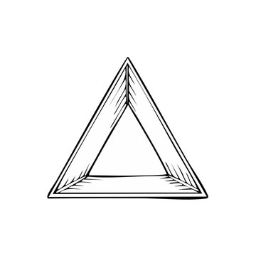 Pen drawing of an impossible triangle optical illusion in black and white