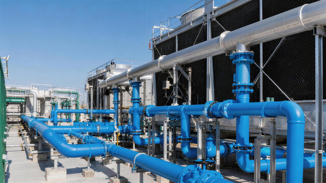 Blue cooling pipes on rooftop data center infrastructure
