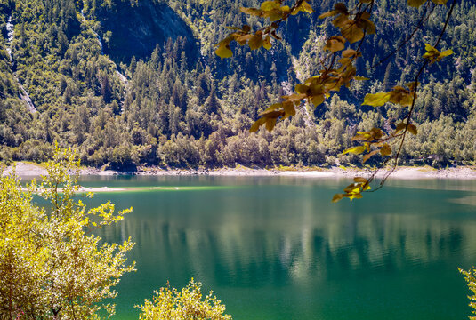 Summer panorama of Antrona Lake, a natural basin near the town of the same name, in the province of Verbano-Cusio-Ossola. It was created by a landslide on July 27, 1642, which destroyed the village.