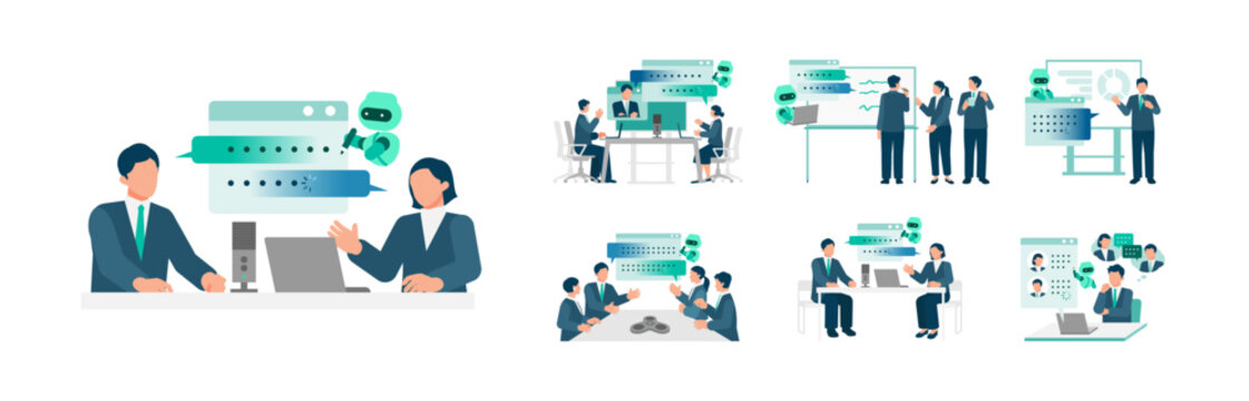 Business illustration set featuring an AI note taker automatically transcribing and generating minutes for various corporate meetings and conferences to improve productivity and efficiency
