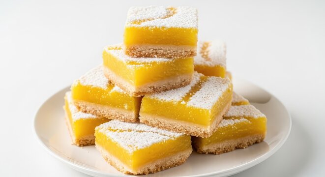 A stack of square lemon bars sits on a white plate. Each bar features a bright yellow filling and a dusting of white powdered sugar on top, confectionery, goods, treats