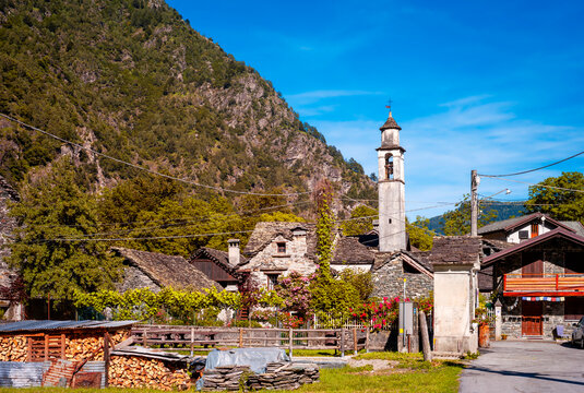 View of the village and the typical houses of the village of Rovesca, located in the Ossola mountains (an Alpine valley in Piedmont, Northern Italy, bordering Switzerland).