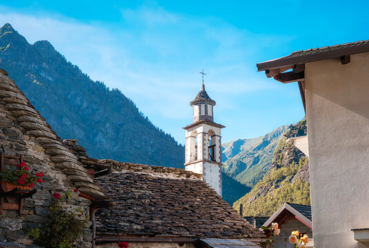 View of the village and the typical houses of the village of Rovesca, located in the Ossola mountains (an Alpine valley in Piedmont, Northern Italy, bordering Switzerland).