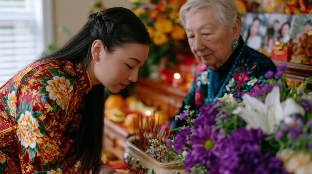 Young Vietnamese American teenager helping grandmother hang ancestor altar offerings in living room, incense sticks arranged in ceramic holder, family photographs mixed with traditional symbolic ite