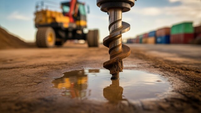 Close-up of a dirty drill bit boring into muddy ground at a construction site with heavy machinery in the background.