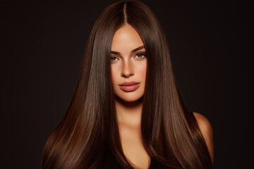 Naklejka premium Beautiful girl with long, straight brown hair on a dark background. Skincare beauty, skincare cosmetics concept