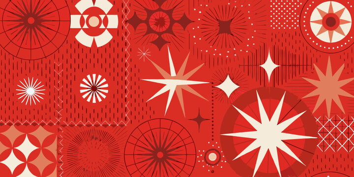 Starburst and geometric pattern vector illustration in shades of red