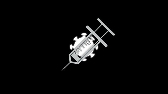 A simple white and black coronavirus immunization concept, showing a needle covering up a virus