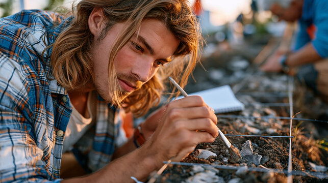 Archaeology student using brush to uncover ceramic fragments at rural dig site in early morning light, field notes notebook open in soil beside excavation grid, supervising professor kneeling at adj