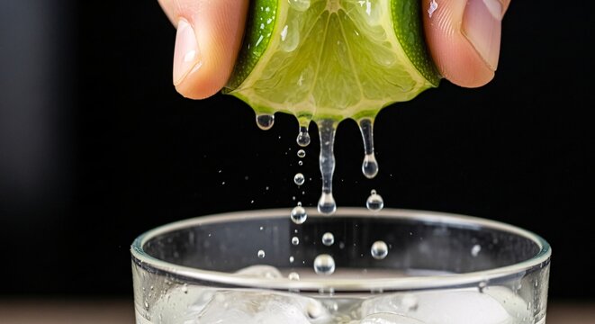 A hand squeezes a lemon peel twist over a clear glass filled with ice on a table indoors close-up.