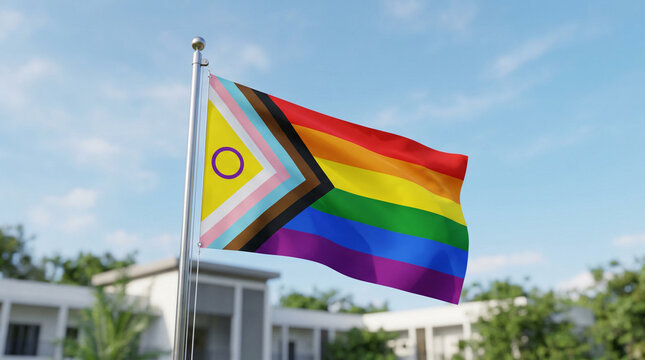 Progress pride flag waving on flagpole against bright blue sky background.
